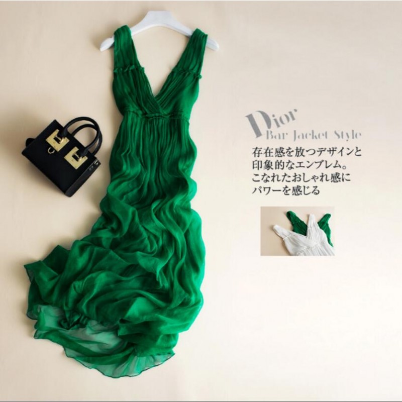 Pure Silk Beach Dress  Green White Long Women Summer Clothing